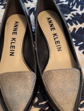 Anne Klein Black Flats with Silver Textured Toe